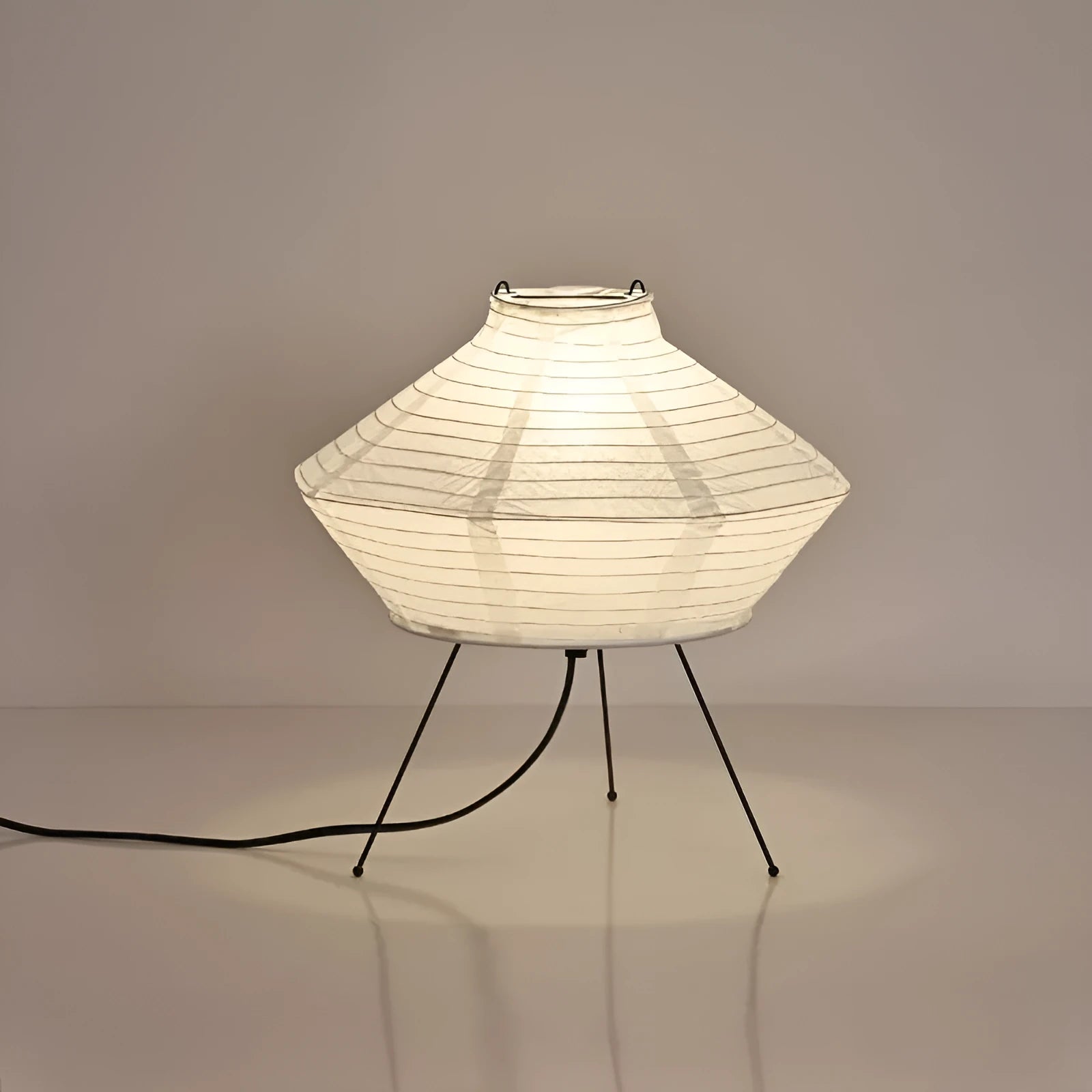 Japanese-style rice paper vertical table lamp with 3-colour light, 30cm diameter 32cm height, on a bedside table