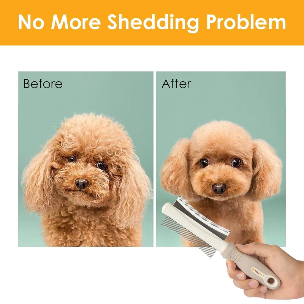 White 2-in-1 dog and cat grooming brush showing curved comb side and deshedding brush side
