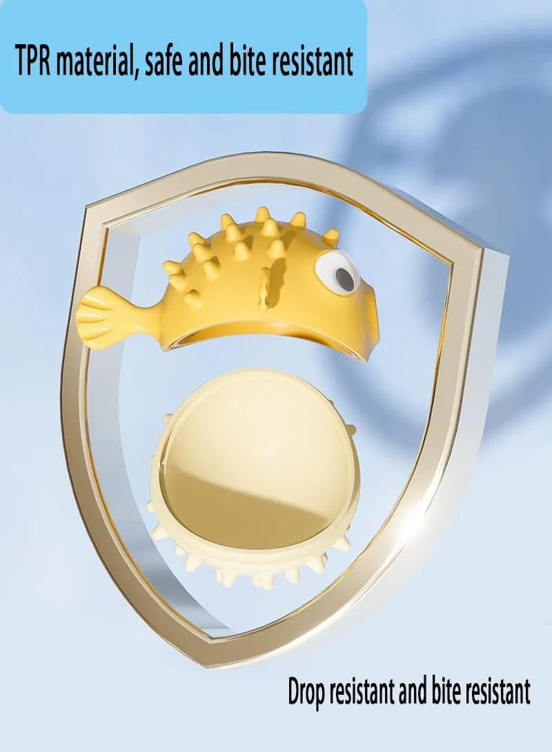 TPR fish-shaped interactive dog chew toy with treat dispensing hole and textured surface