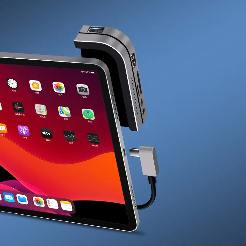 Silver aluminium grey 6-in-1 USB-C docking station for iPad Pro tablets with HDMI port and multiple connectors