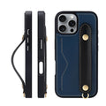 First layer cowhide phone case for iPhone 15 Pro Max with lanyard holder, blue and black colour