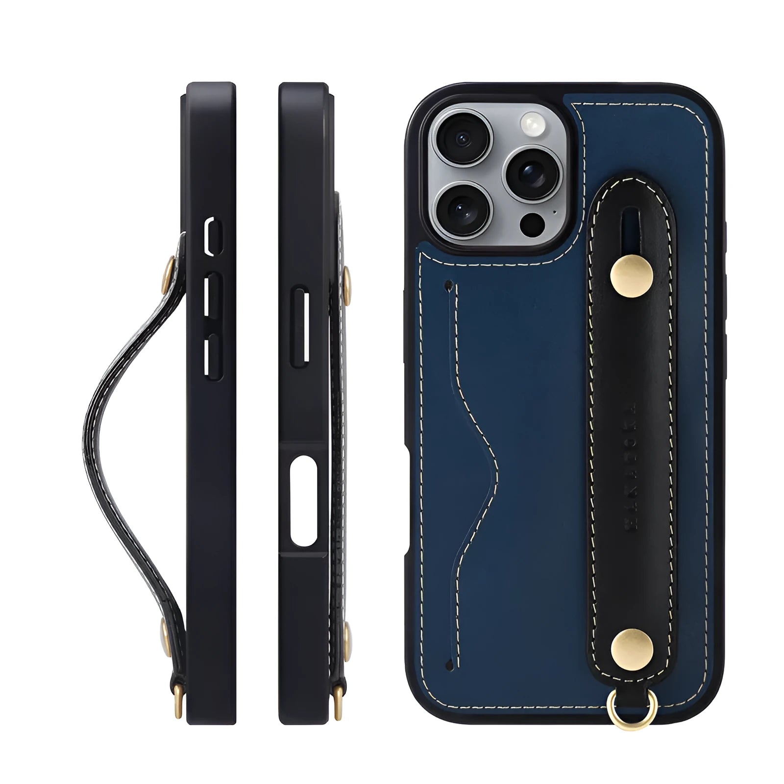 First layer cowhide phone case for iPhone 15 Pro Max with lanyard holder, blue and black colour