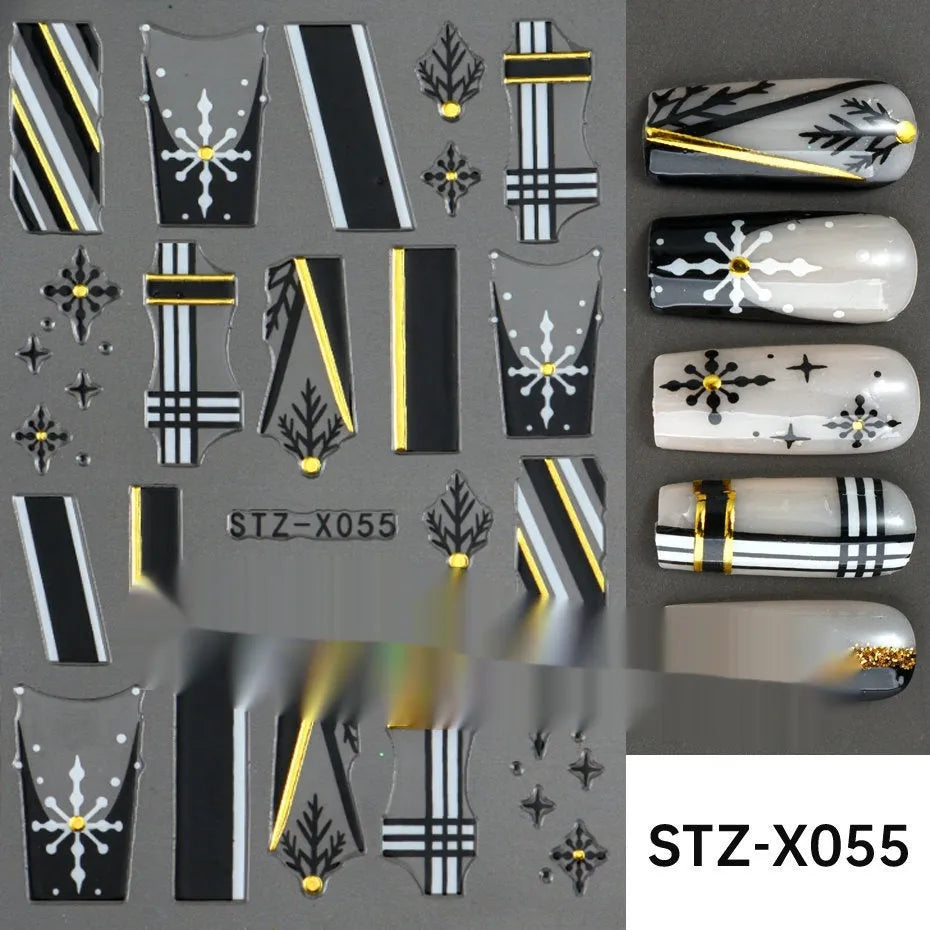 Pack of black and silver striped nail art stickers with cartoon and love pattern designs.
