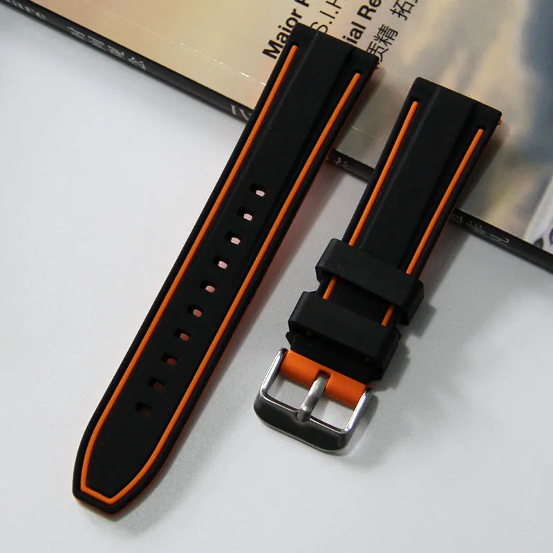 Sweat resistant dual colour silicone watch strap in black blue with needle buckle, matte finish, 20mm width