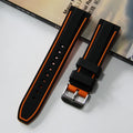 Sweat resistant dual colour silicone watch strap in black blue with needle buckle, matte finish, 20mm width