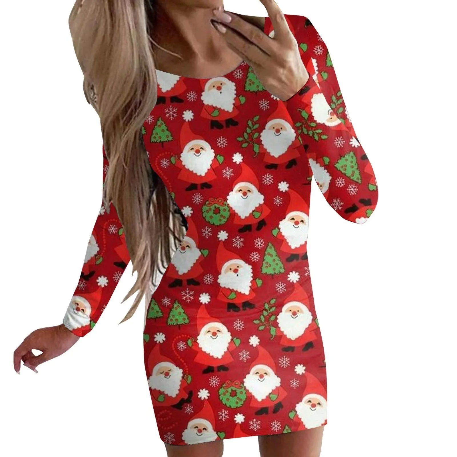 Women's red Christmas print narrow dress with animal pattern, round neck, long sleeves