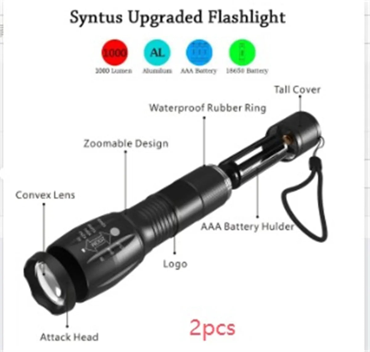 Black aluminium alloy zoomable LED flashlight with adjustable focus ring on a textured body.