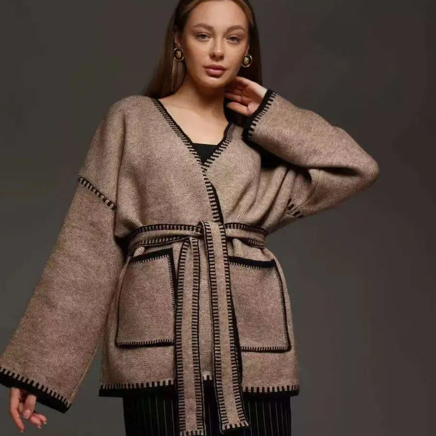 Loose knitted cardigan with lace-up front in imitation cashmere blend fabric