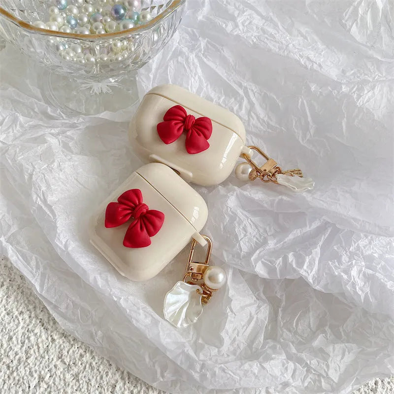 Beige red bow shell design TPU protective case for Apple AirPods Pro wireless earphones