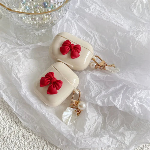 Beige red bow shell design TPU protective case for Apple AirPods Pro wireless earphones