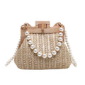 Women's woven straw shoulder bag with pearl chain strap in horizontal square shape