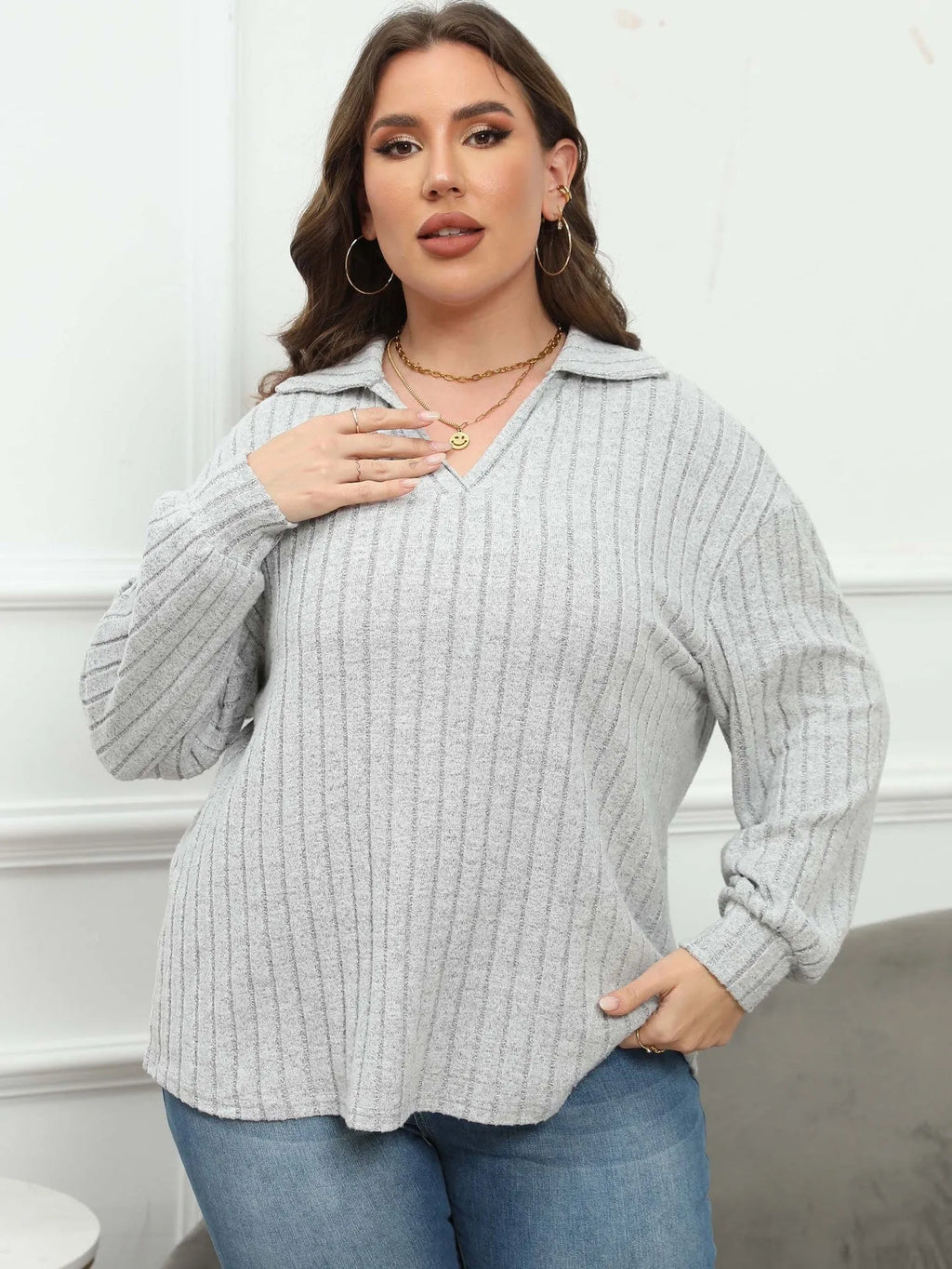 Women's plus size gray polo collar fleece pullover with lantern sleeves in Gothic street style.