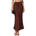 Women's asymmetric acetate satin skirt in a solid colour with high waist and irregular stitching detail.