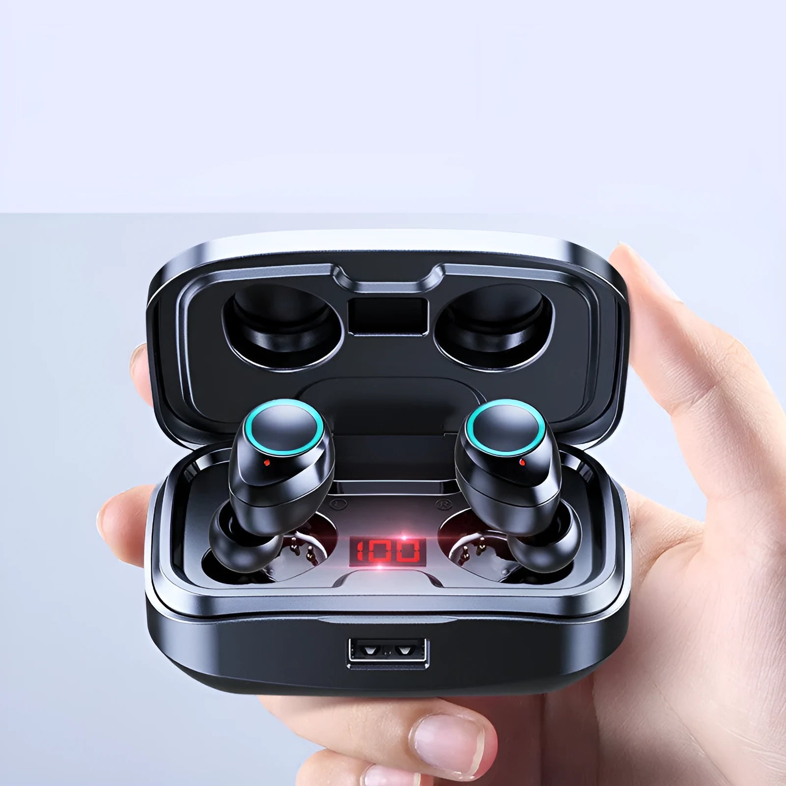 Black wireless Bluetooth in-ear earphones with private mould design on a white background.