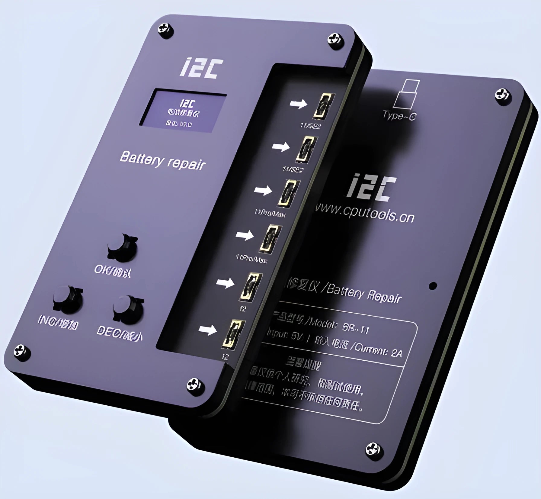 I2C battery data recovery instrument with BR-13 host unit and multiple iPhone battery cables on a repair mat