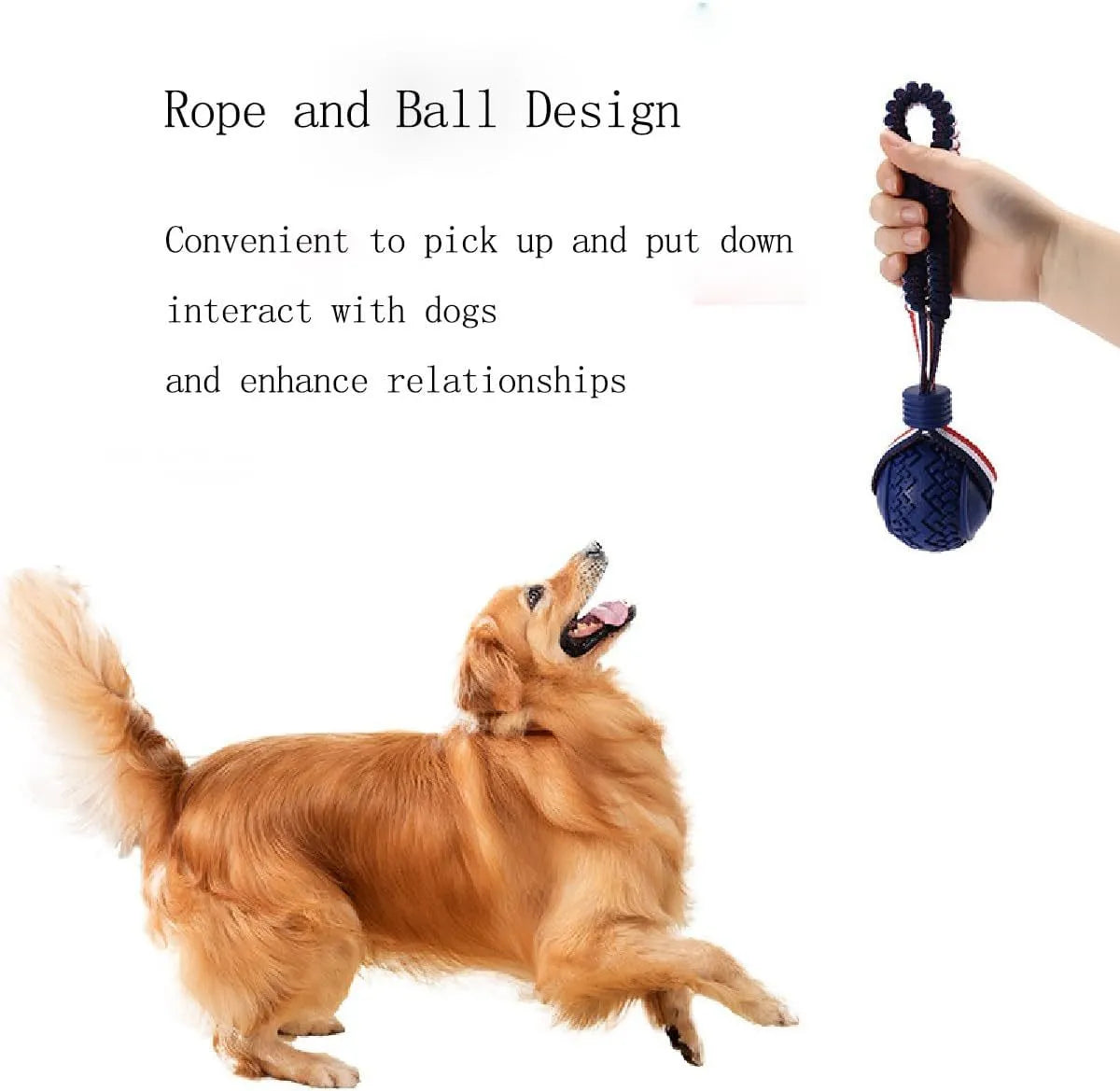 Blue rubber dog ball with rope handle for tug-of-war and teeth cleaning