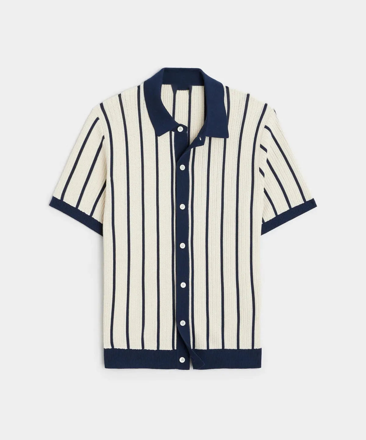 Men's white ice silk knitted short sleeve lapel top with asymmetric stripe pattern
