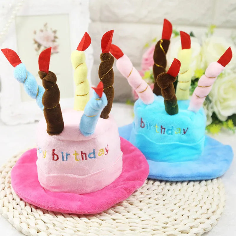 Blue dog-shaped birthday hat for small to medium dogs on a white background.
