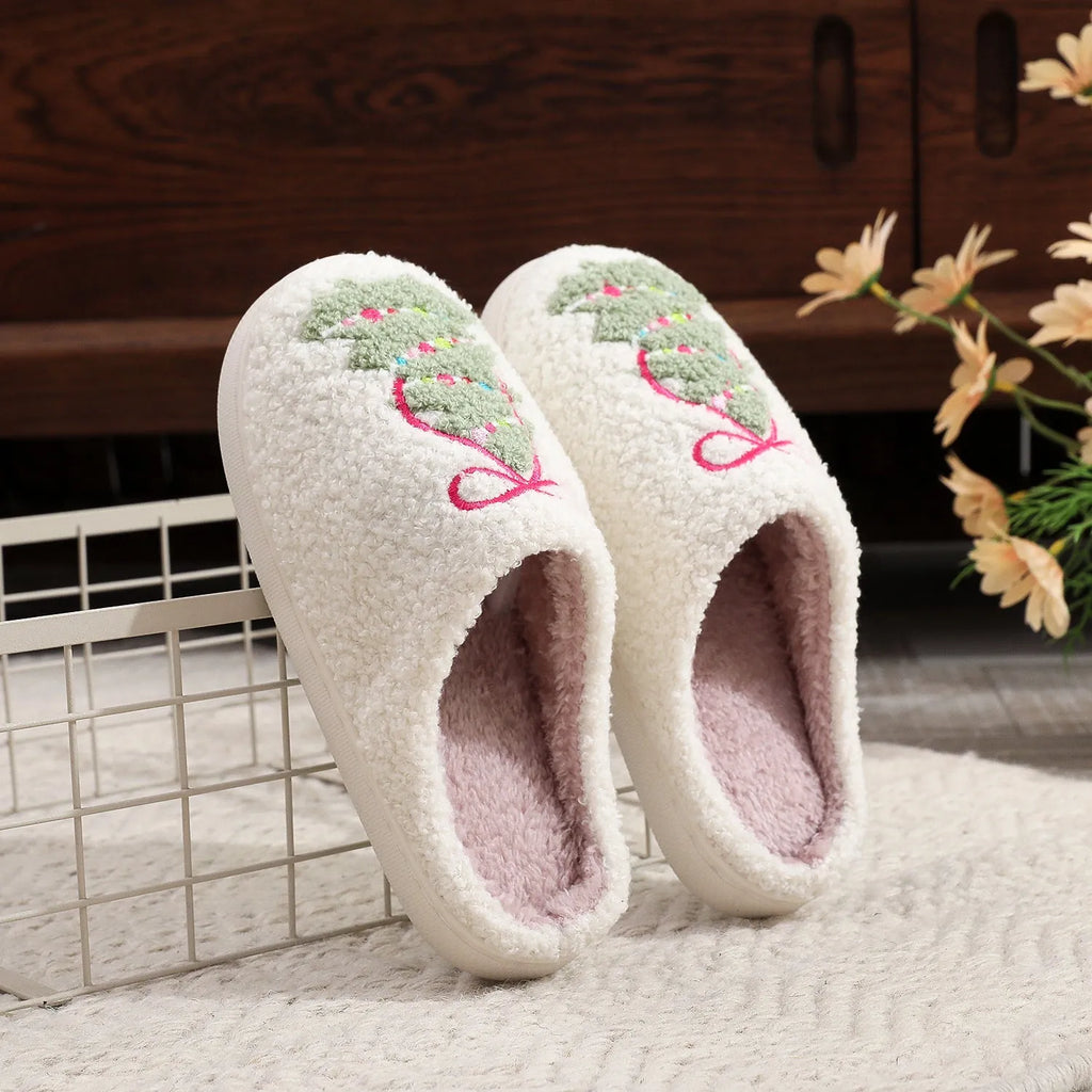 Fashion bowknot Christmas tree cotton slippers plush thickening round head for men women