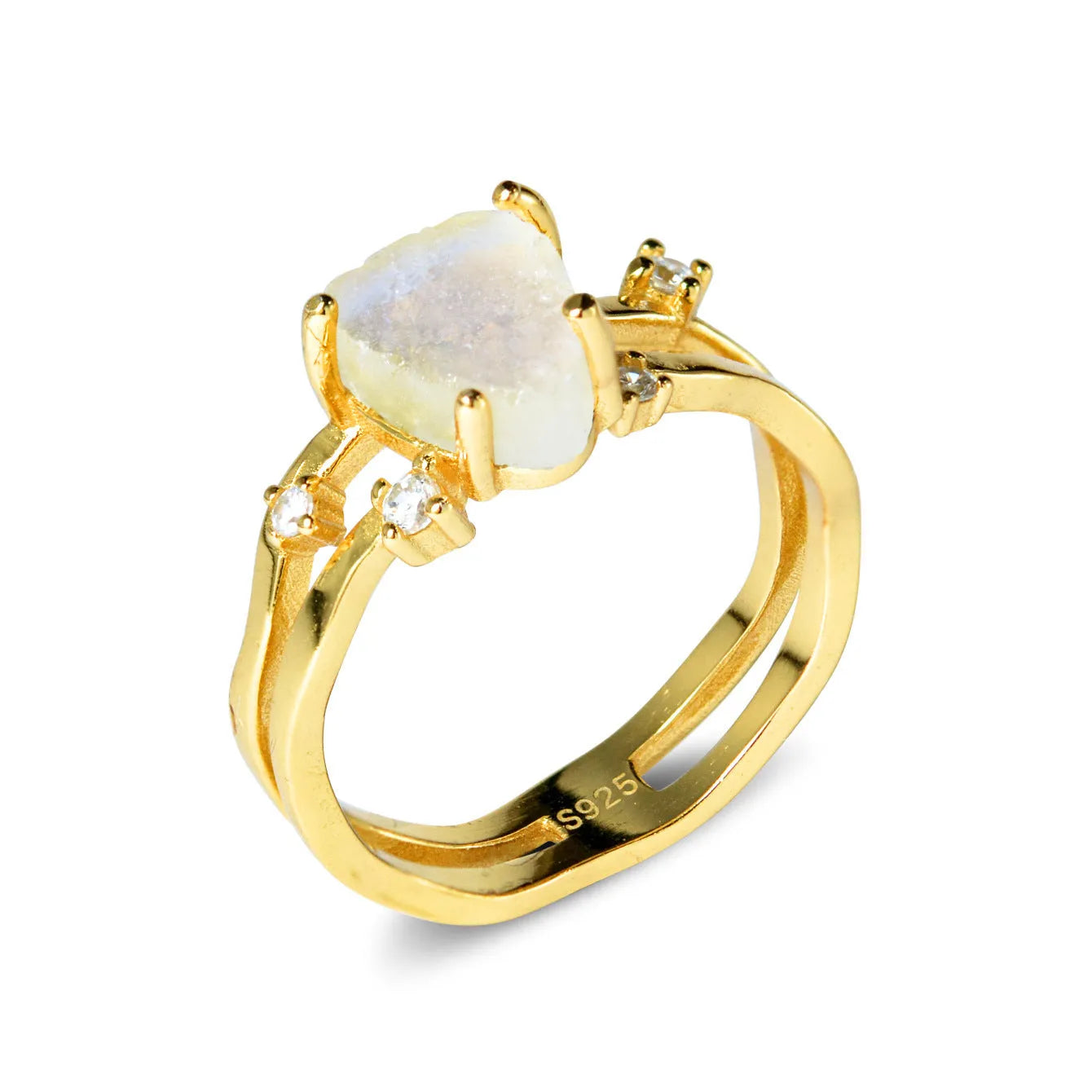 S925 sterling silver geometric triangle moonstone ring in rose gold, white gold, and yellow gold plating.