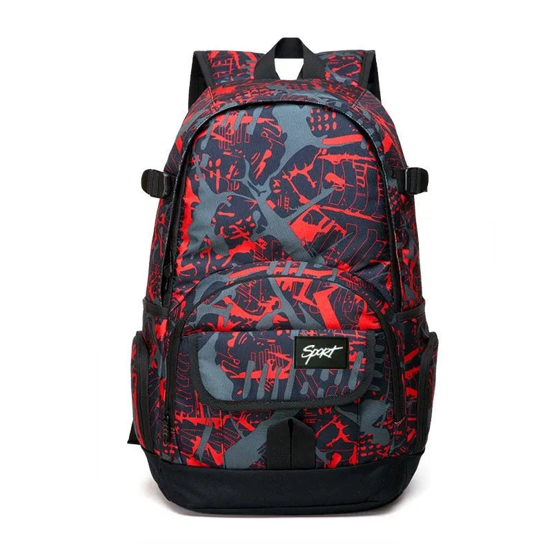 Blue and red large-capacity nylon backpack for school, travel, and outdoor activities.