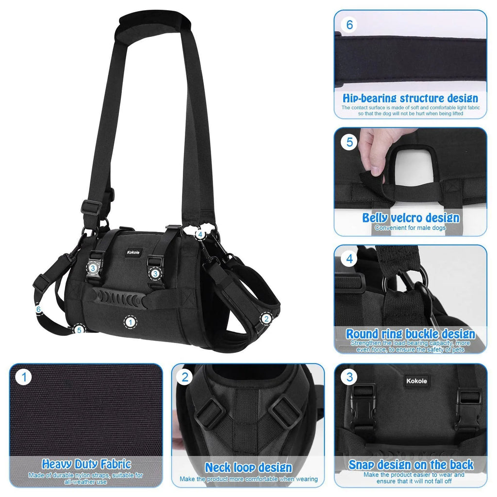 Black Oxford cloth adjustable dog harness for chest support, shown in multiple sizes.