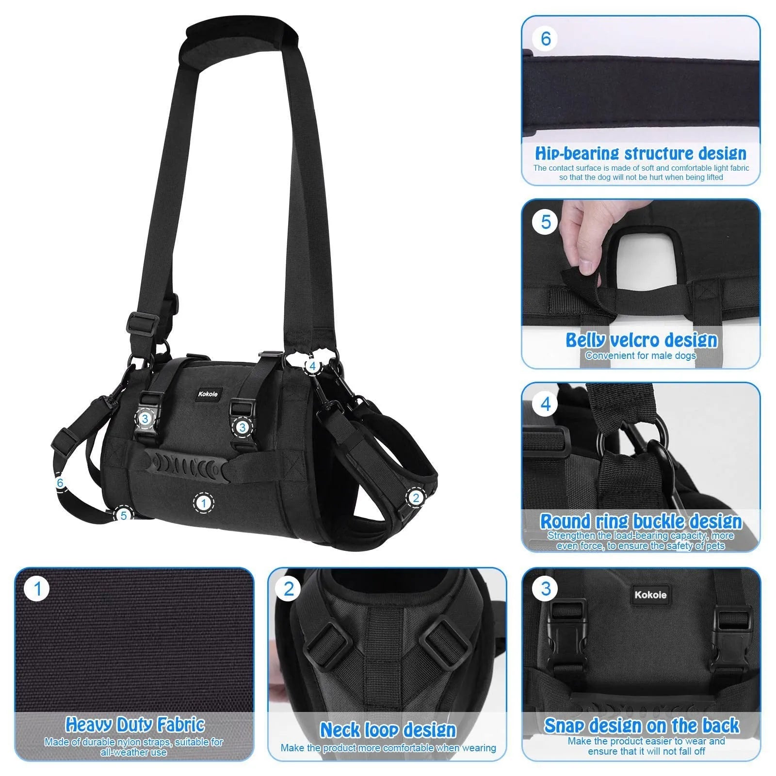 Black Oxford cloth adjustable dog harness for chest support, shown in multiple sizes.
