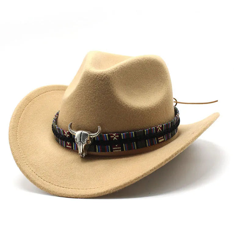 A Western-style bell crown cowboy hat on a stand, shown in an army green colour.