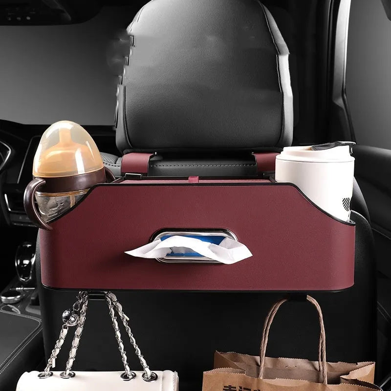 Genuine leather car tissue box holder in one of five colours, showing suspended design.