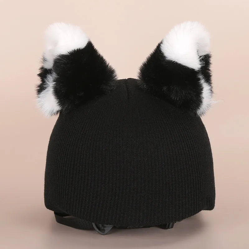 Plush fabric motorcycle helmet liner and cartoon-themed ear covers set in size M.
