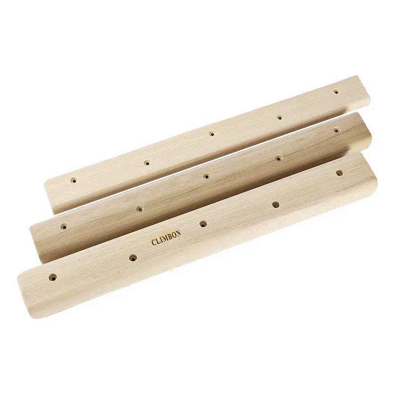 Set of three solid wooden finger grip training boards in different sizes on a white background.