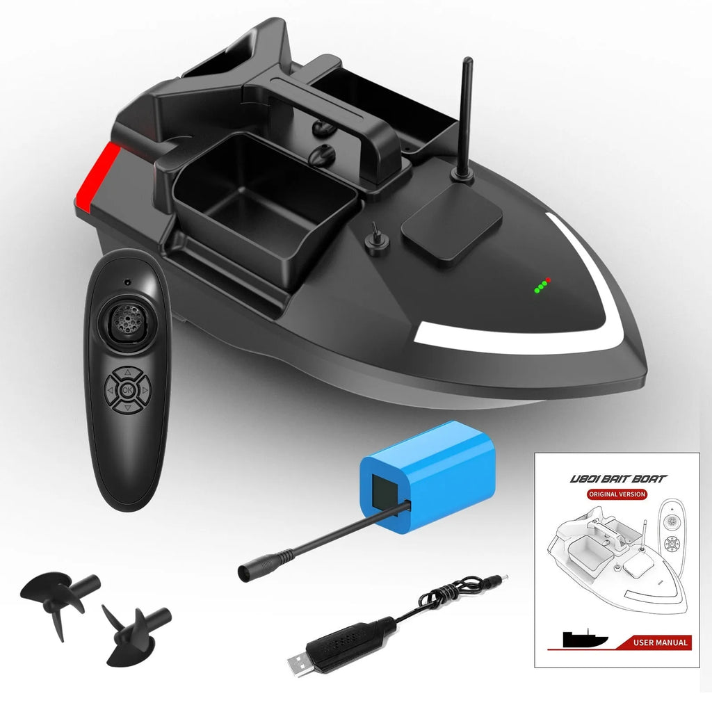GPS remote control fishing boat in black or luminous yellow with remote control and handbag.