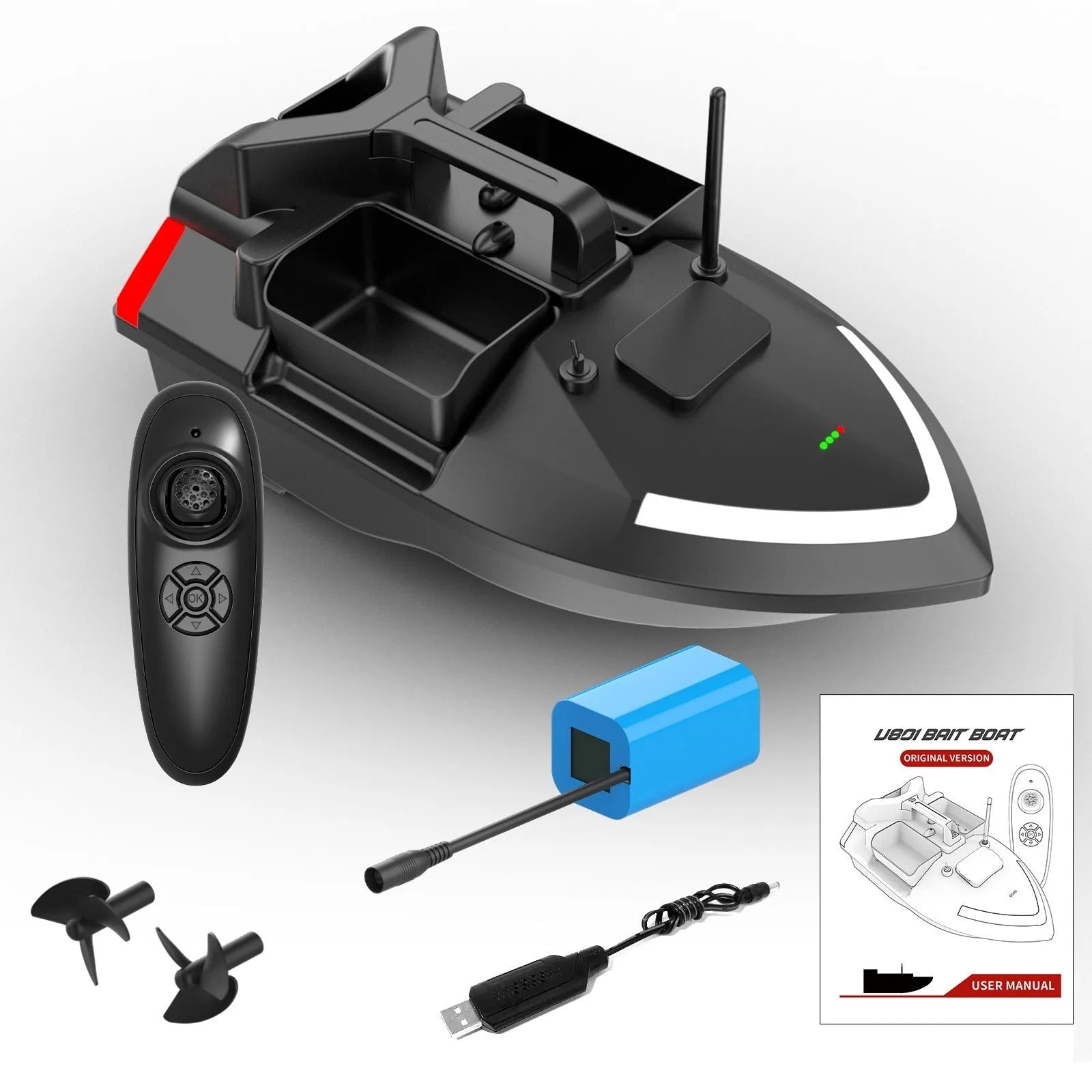 GPS remote control fishing boat in black or luminous yellow with remote control and handbag.
