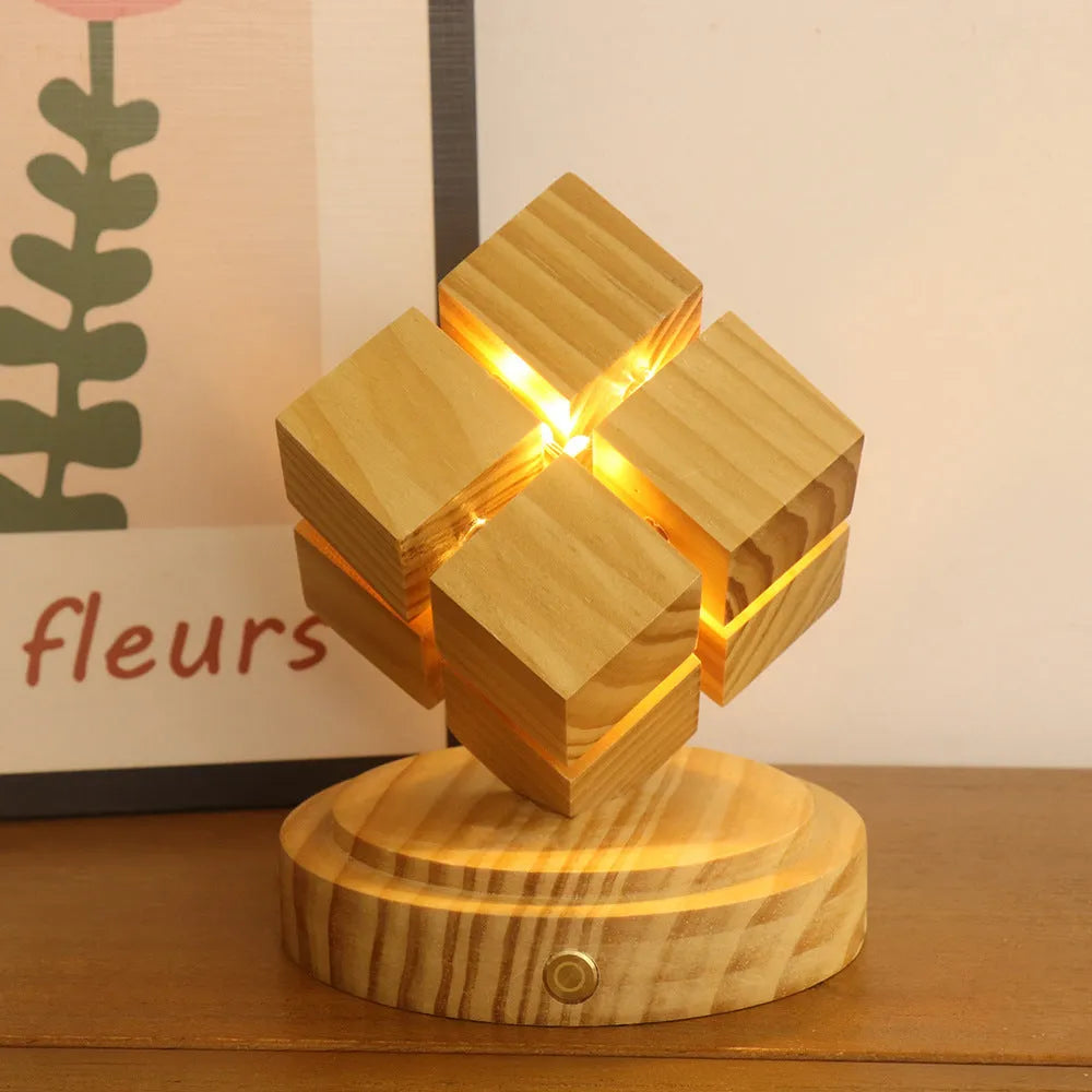Creative fourth-order Rubik's Cube geometric stereo night lamp with rubber wood shade on bedside table