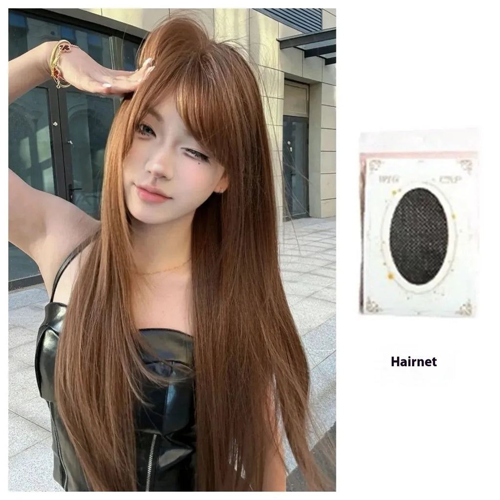 Long straight synthetic wig with bangs in warm tea chestnut brown colour
