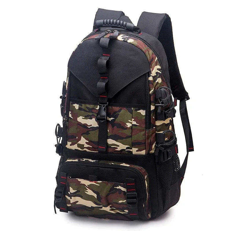 Men's large black waterproof Oxford cloth hiking backpack with padded straps and multiple compartments.