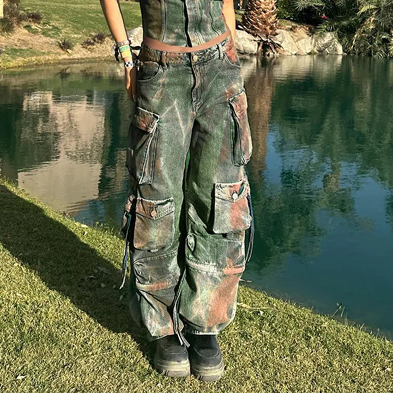 Loose cargo denim trousers with gradient colour pockets and collage stitching detail