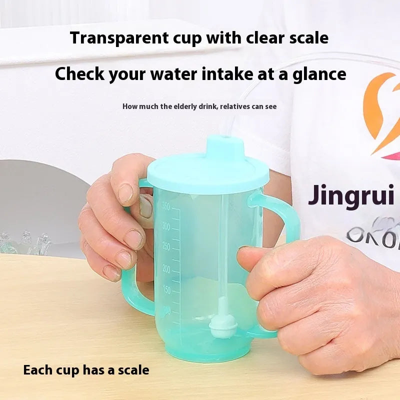 Adult bed drinking cup with oblique anti-choke mouth design and optional wrist splint attachment