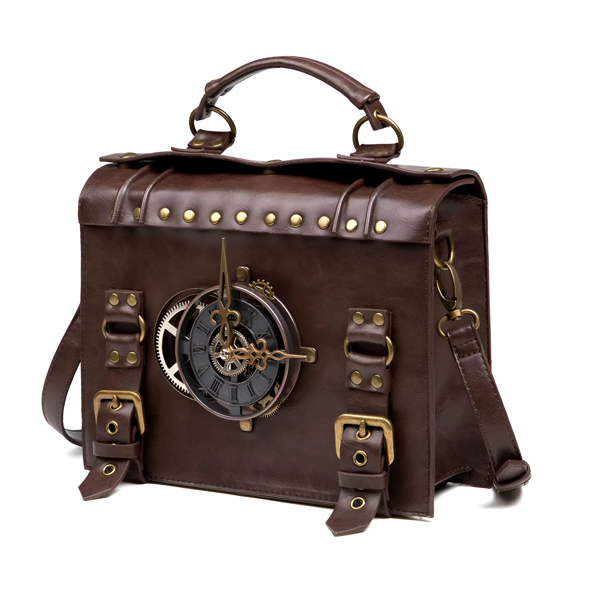 Bronze Steampunk industrial retro style PU leather shoulder bag with metal hardware.