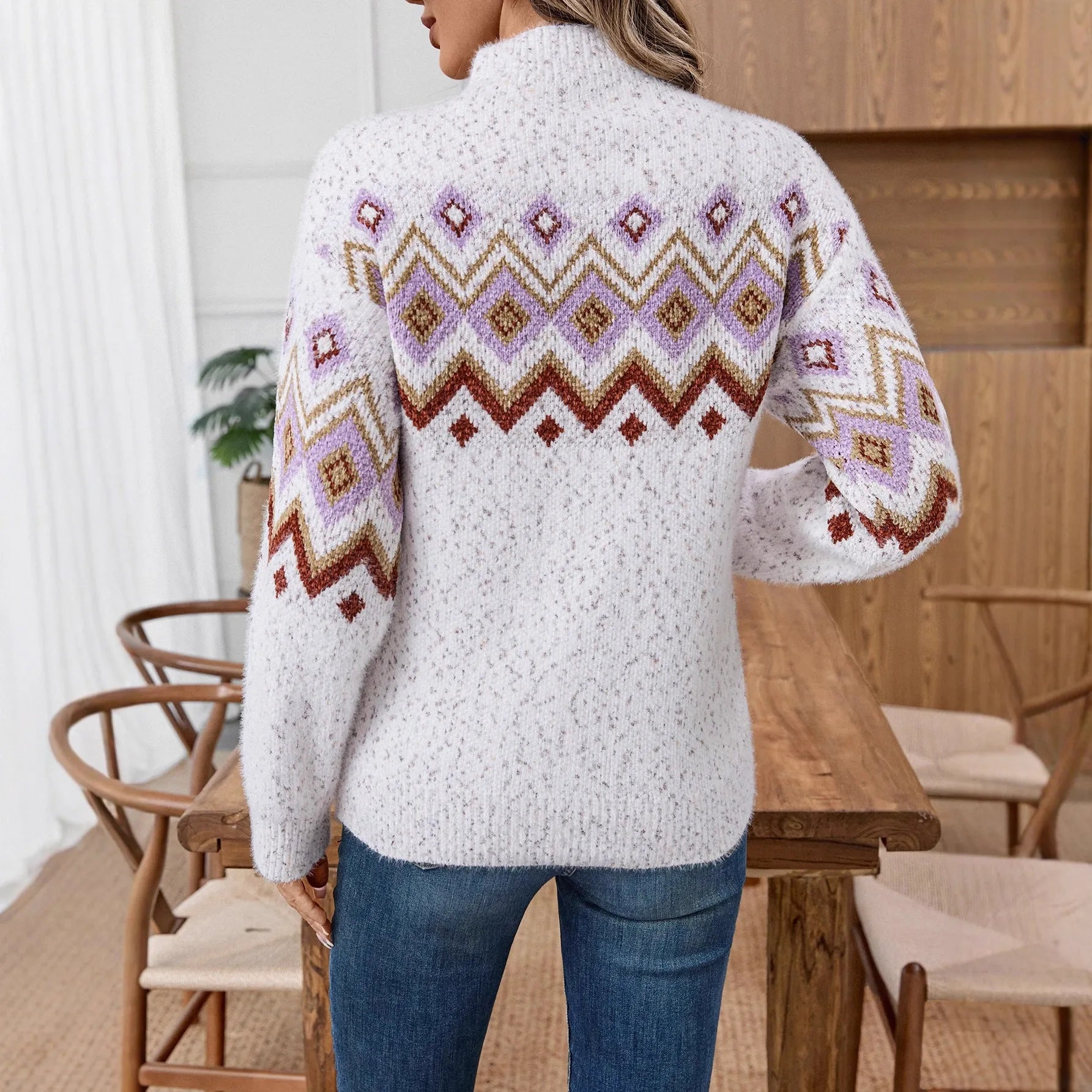 White geometric Jacquard pattern half turtleneck loose sweater in thick chenille fabric