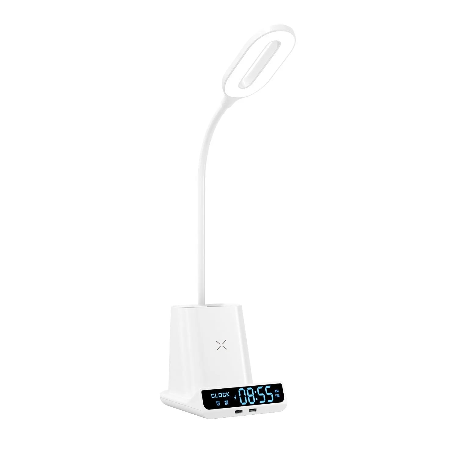 Modern minimalist desk lamp with wireless charging surface, pen holder, and storage compartments