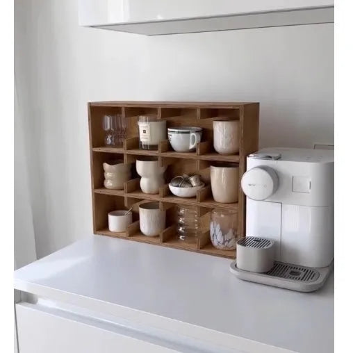 Solid birch wood cup storage rack with multiple grid compartments in meridian colour