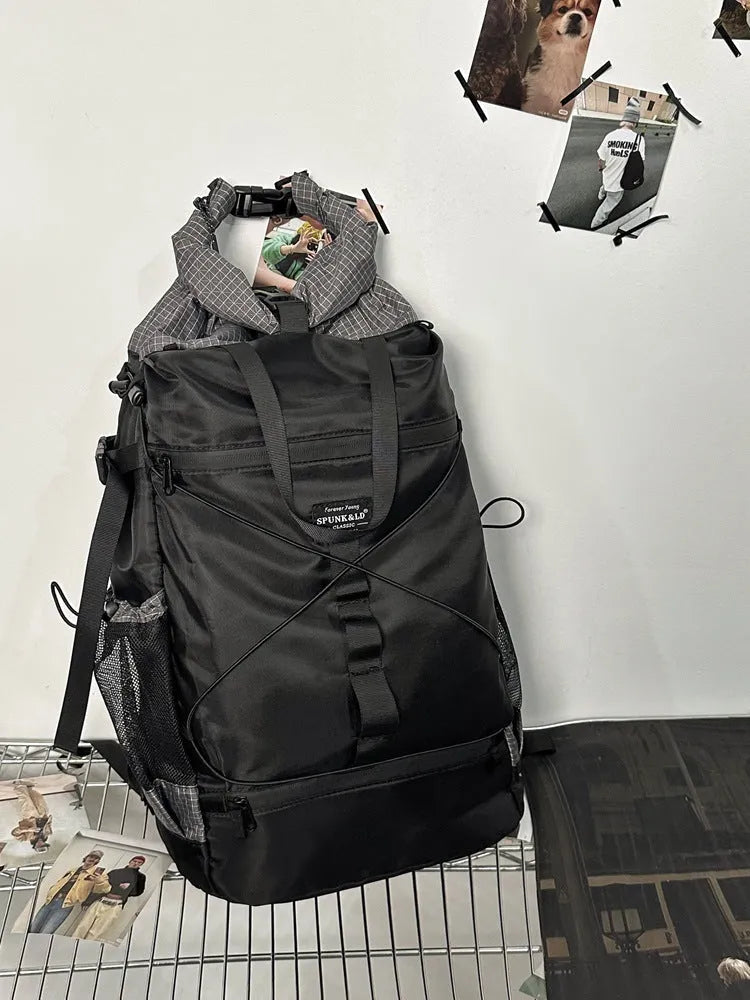 Large capacity nylon backpack for men and women, solid colour, casual travel style, 30x18x48cm, available in black gray green and khaki