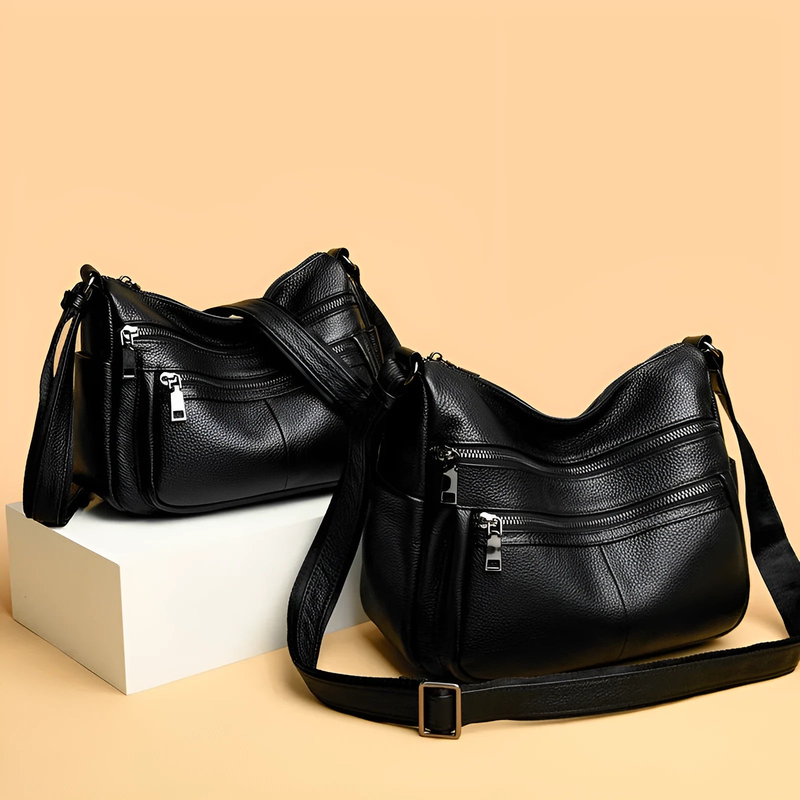 Genuine leather messenger bag soft pillow shape single strap first layer cowhide black large
