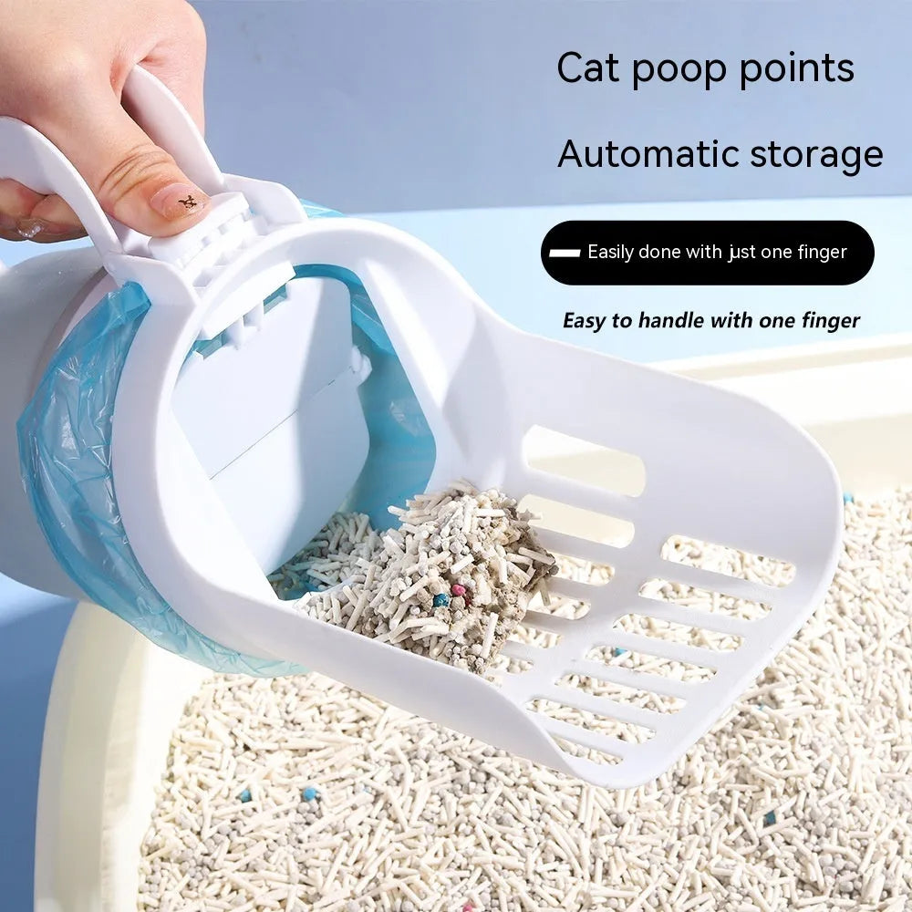 Grey foldable cat litter scoop with attached waste bin and lid