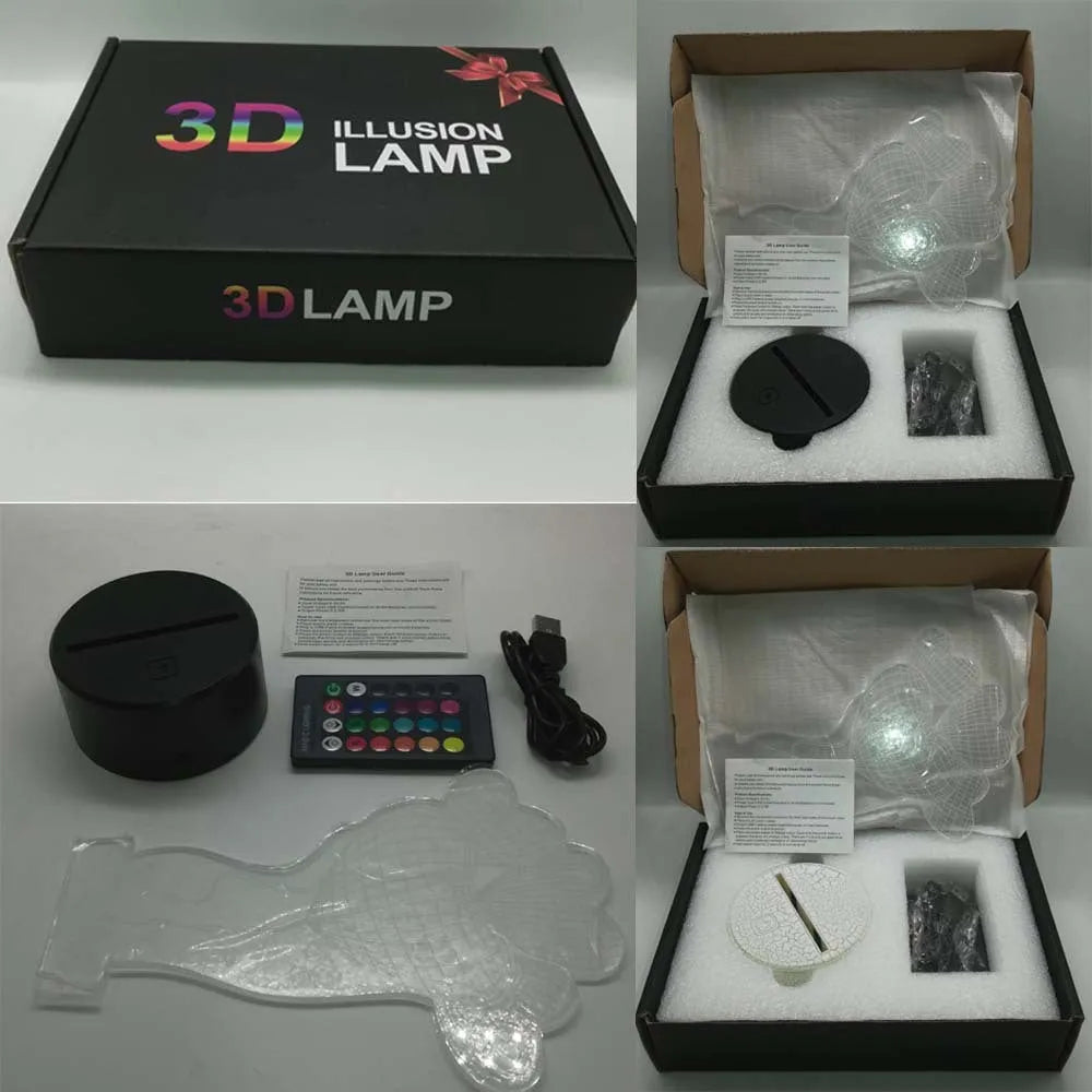 3D acrylic rose flower night light in black finish on a table, showing multicoloured LED illumination.