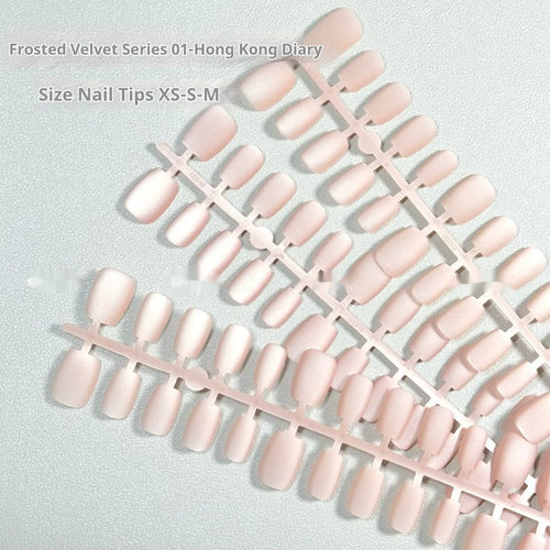 Set of frosted velvet Cat's Eye press-on false nails showing short ladder sizes XS, S, and M.