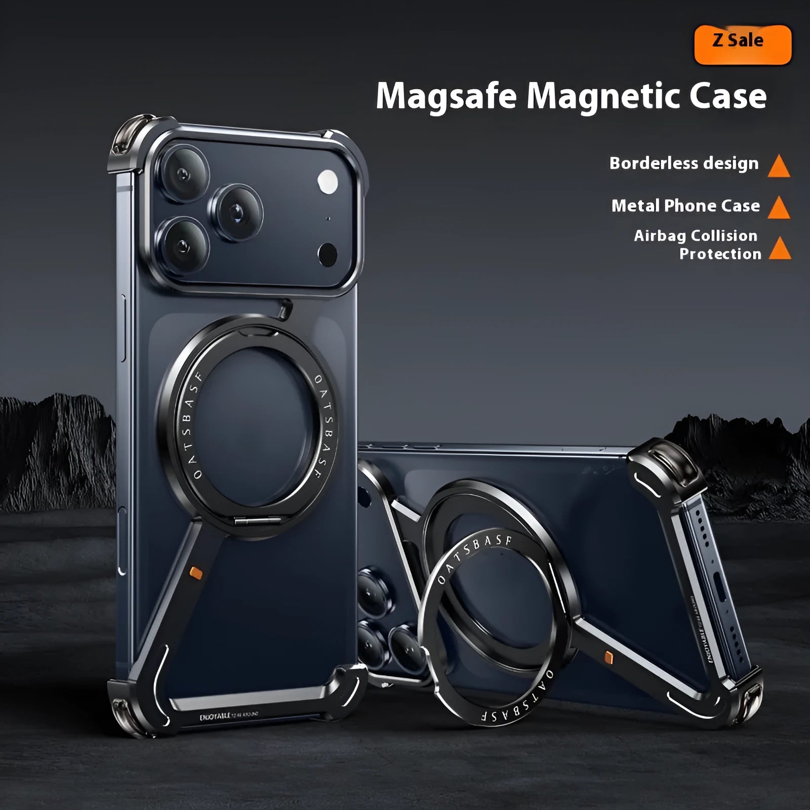 iPhone 17 Pro Max metal phone case with magnetic bracket attachment in black colour