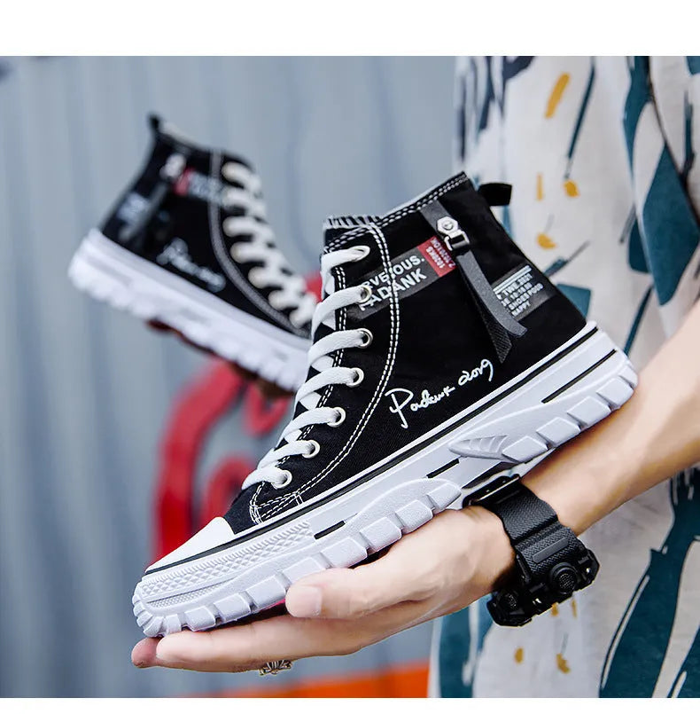 Men's casual canvas high top lace-up shoes in black with letter print pattern, round toe, and front laces