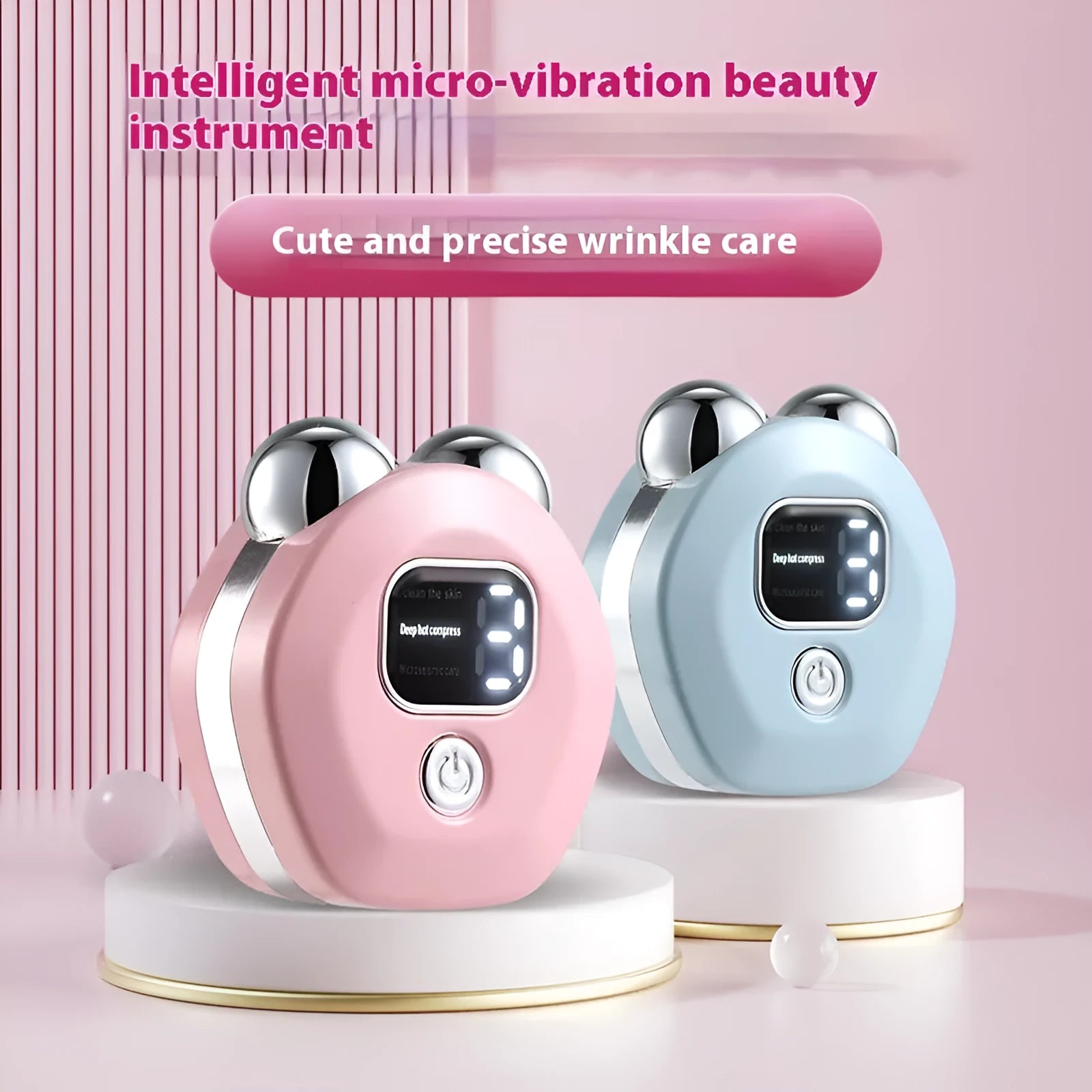 Portable white hot compress micro current facial massage instrument with double-roller head on a table.